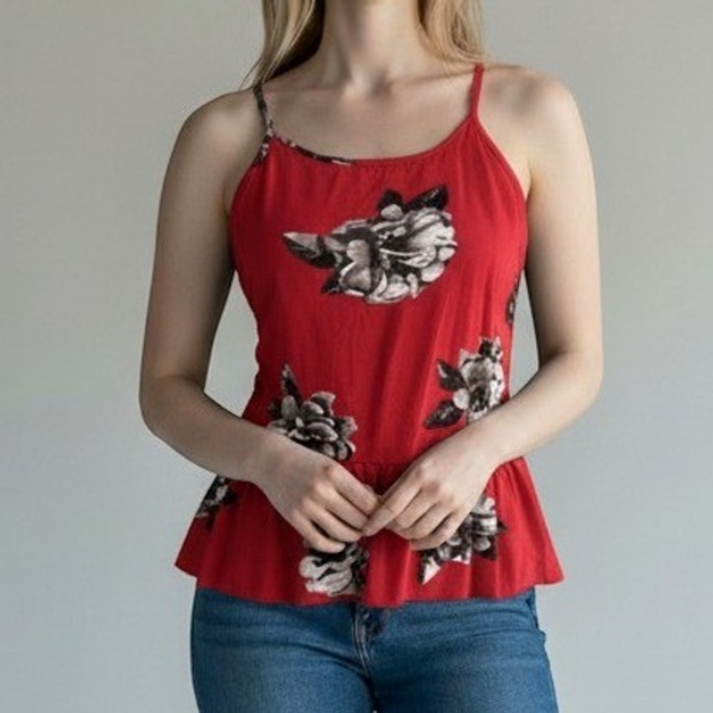 Volcom Tank Top Blouse, Floral Red Size Large Lightweight Sleeveless High Neck